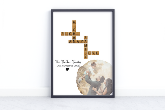 Personalized Family Scrabble Photo Frame | Custom Name Crossword Wall Art Gift