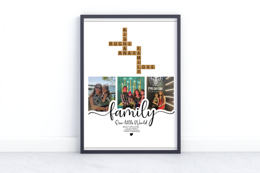 Personalized Scrabble Name Frame with Photos – Custom Family Name Art Gift with Crossword Style Letters & Memories