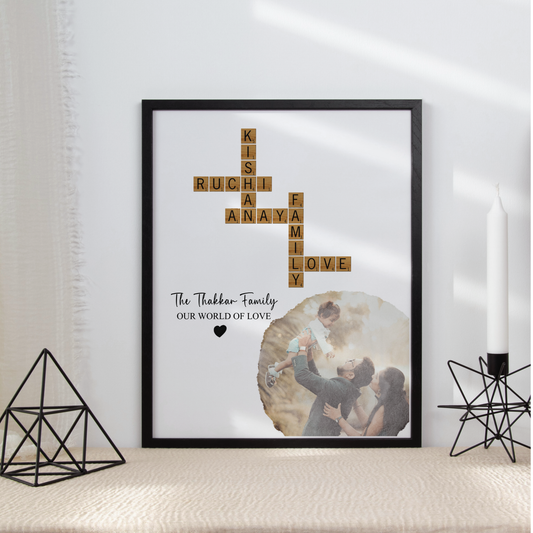 Personalized Family Scrabble Photo Frame | Custom Name Crossword Wall Art Gift