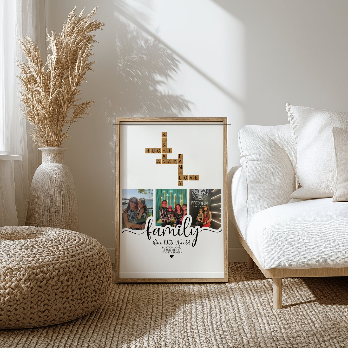 Personalized Scrabble Name Frame with Photos – Custom Family Name Art Gift with Crossword Style Letters & Memories