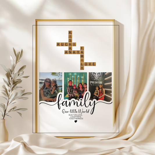 Personalized Scrabble Name Frame with Photos – Custom Family Name Art Gift with Crossword Style Letters & Memories