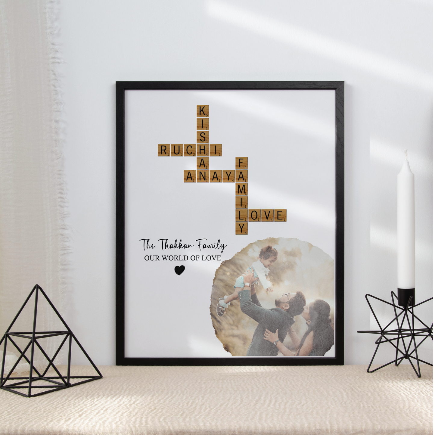 Personalized Family Scrabble Photo Frame | Custom Name Crossword Wall Art Gift